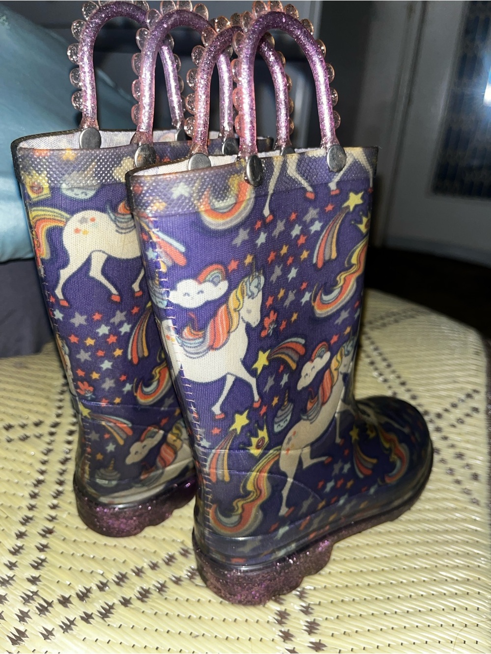 Kids Purple Unicorn Rain Boots with Glitter Handles